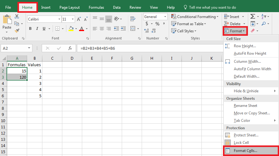 Excel formula hide and lock."Format Cells" item through Excel Ribbon menu to protect formula.