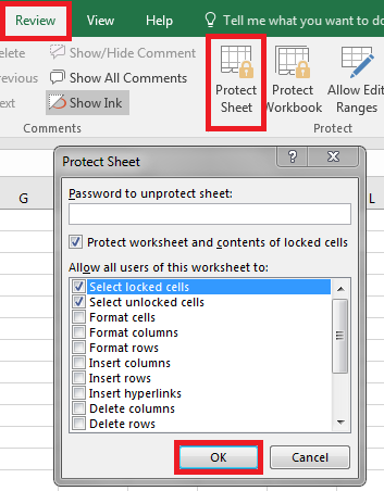 Microsoft Excel "Protect Sheet" menu with "OK" button marked and highlighted.