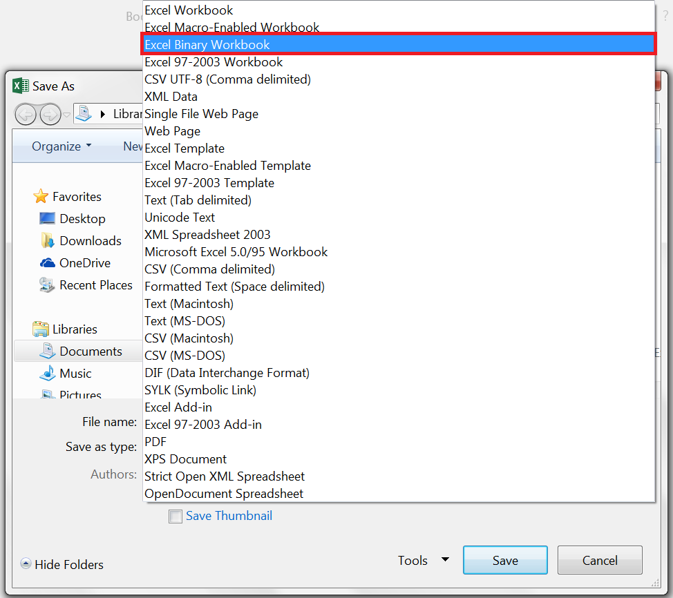 Excel Binary Workbook selection in save as menu with "Excel Binary Workbook" highlighted