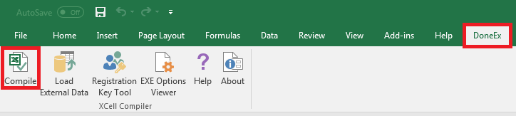 "Compile" item under "DoneEx" Excel ribbon menu