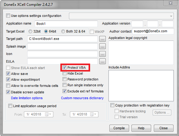 "Protect VBA code" option in DoneEx XCell Compiler