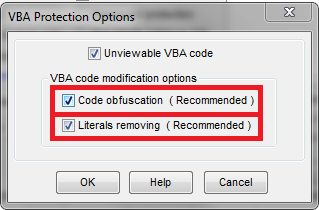 "VBA Code obfuscation" and "Literals removing" VBA Code Protection Options