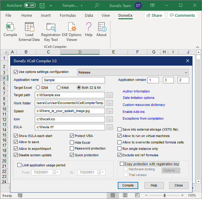 Excel Compiler options form